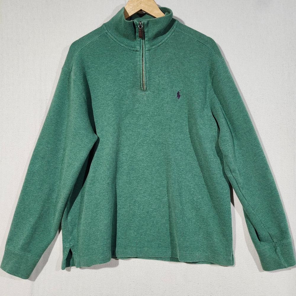 Polo Ralph Lauren Mens Green Cotton Quarter Zip Pullover Sweater Large Classic